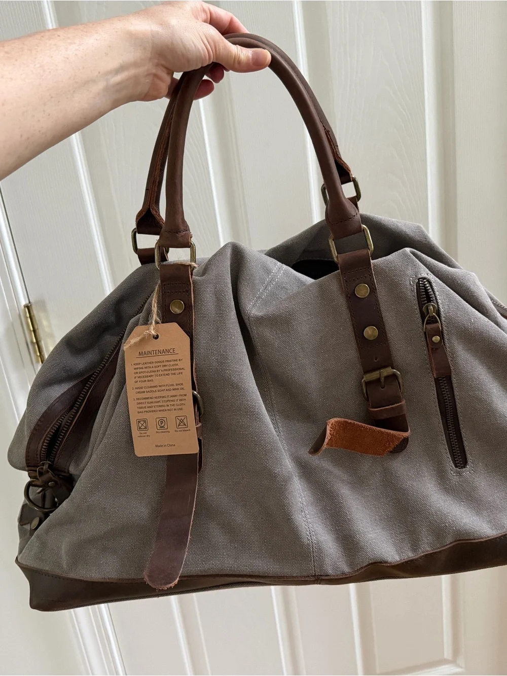 Gray Canvas Duffel Bag with Brown Leather Trim - Classic Travel Weekender